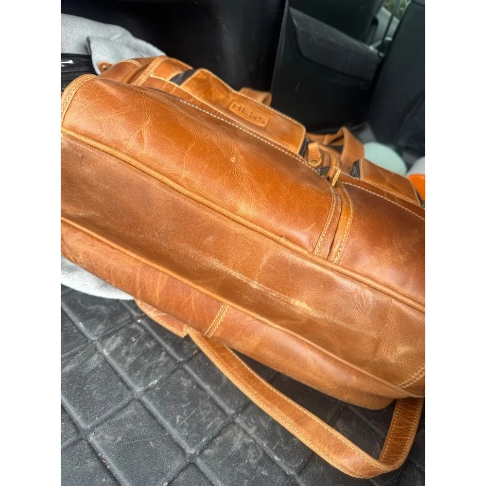 Vintage Hess Mens Tan Brown Leather Briefcase Messenger Bag Multi-Pocket Travel